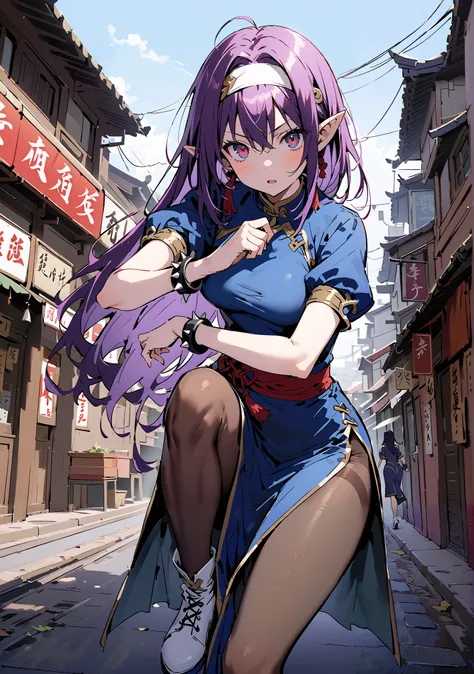 score_9, score_8_up, score_7_up,  source_anime,
 yuukiKonno, Konno Yuuki, headband, long hair, pointed ears, purple hair, red eyes, double chauban ,serious,and open your mouth,chunlicosplay, Chunli \(cosplay\), blue  dress, boots, bracelet, brown pantyhose...