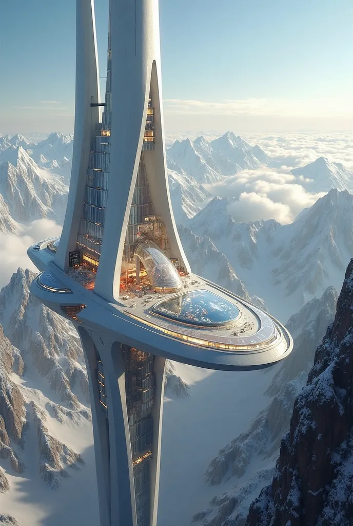 InterstellarX land Based X Station by Interstellar Teleresearch Company at Zenith Zenith: A high-altitude city perched atop towering platforms, offering breathtaking views and cutting-edge amenities for its residents. The architecture features sleek, aerod...