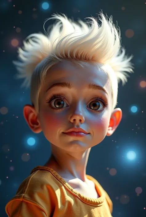 photos de corps entier, détails précis, Super détail, Résolution ultra-haute, petite fille de 7 ans face à la caméra,coupe de cheveux blancs mohawk, grands yeux marrons dorés, profitant du temps dans une galaxie fantastique, entourée d'étoiles, La lumière ...