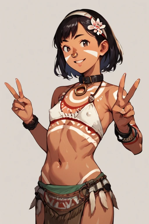 score_9, score_8_up, score_7_up， source_anime，nsfw，uncorrected， 1 young girl, Low body， body type，smile, Alone, , short hair, Small chest, bungs, parted lips,  curve, casual tribal costume, Detailed Outfit, fine skin texture, Cow's Nose Ring，slave collar，p...