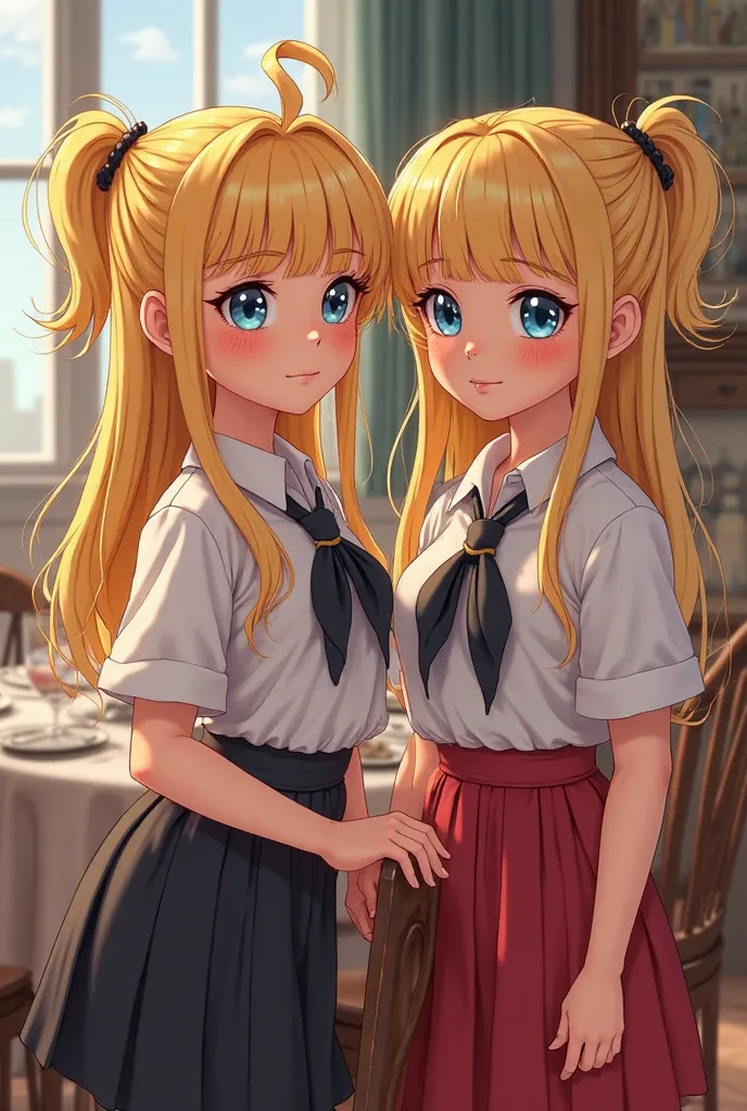 twin girls, 18 years old .  long blonde hair.  the left twin's hair is tied into pigtails and the right's is tied into a ponytail.  blue eyes, pink lips, thin and curvy.  both twins wear schoolgirl uniforms: the left wears a black skirt and the right wears...