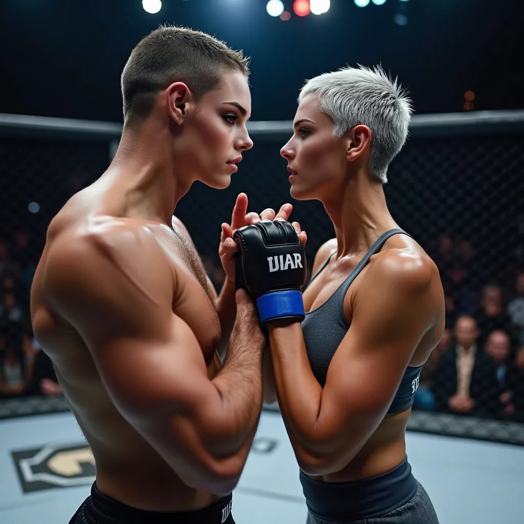 High sky view (ring cage) . One male MMA fighter in prayer position next to one woman happy as she won the fight in a ring cage.., they very close together, Women with short silver hair, woman wearing  tight fighter suit .A woman smiling. Full body, High q...