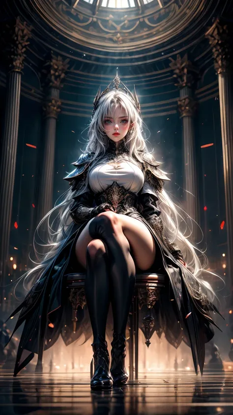 young intricate woman in a battlefield, beautiful woman, long silver white hair with short bangs covering, silver hair, sharp white hair, sky blue eyes, wearing a black high tech battle armor, white skinned, standing alone in a wide expanse with two long s...