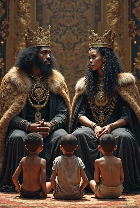 Threeyoung boys, sitting in front of the African king and queen who are dressed in black and white and lion skin