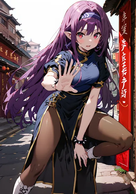 score_9, score_8_up, score_7_up,  source_anime,
 yuukiKonno, Konno Yuuki, headband, long hair, pointed ears, purple hair, red eyes, double chauban ,serious,and open your mouth,chunlicosplay, Chunli \(cosplay\), blue  dress, boots, bracelet, brown pantyhose...