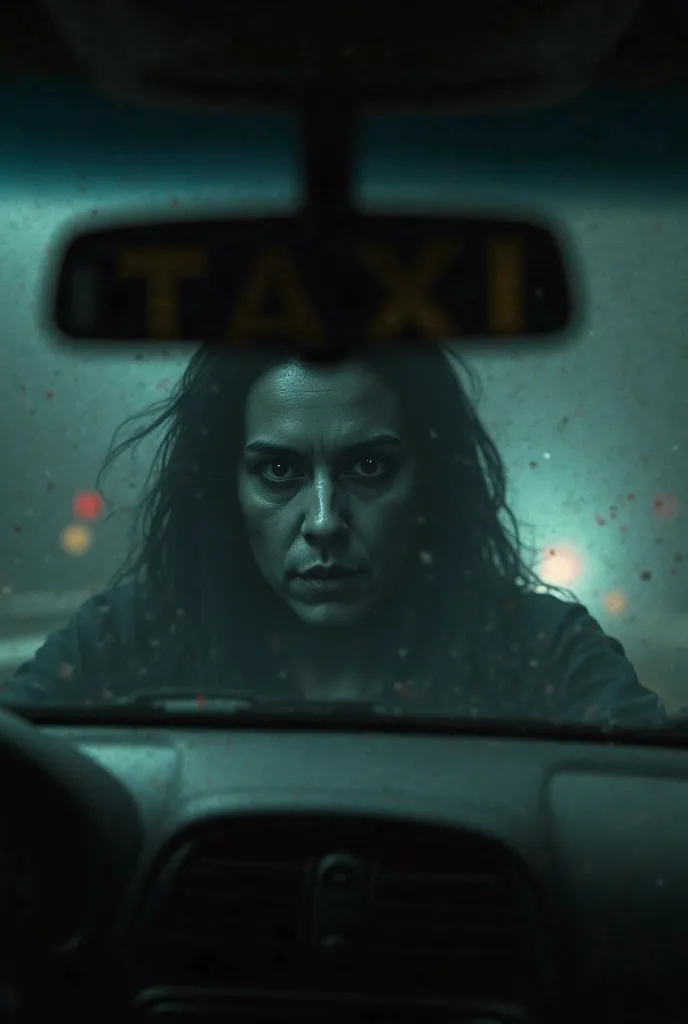 A terrifying close-up of a taxi's rearview mirror, reflecting the driver’s face with empty, hollow black eyes."