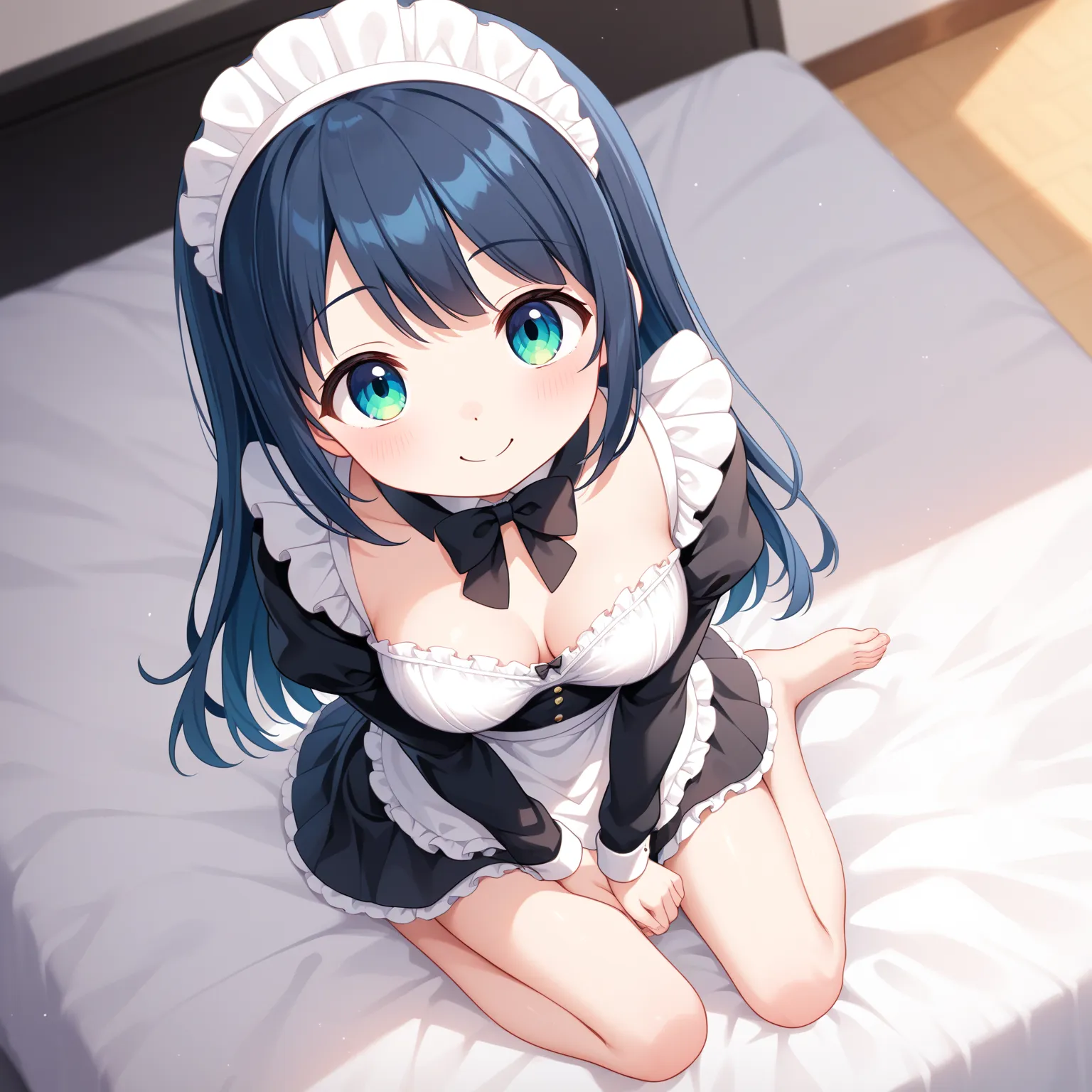 {best quality}, {very aesthetic}, {ultra-detailed}, {best illustration}, {masterpiece}, {detailed beautiful eyes}, {extremely detailed}, nsfw, cute female, sitting, medium breasts, maid:1.4), bedroom:1.3) ,, (loli, little, ultra cute kawaii:1.6), smile, bu...