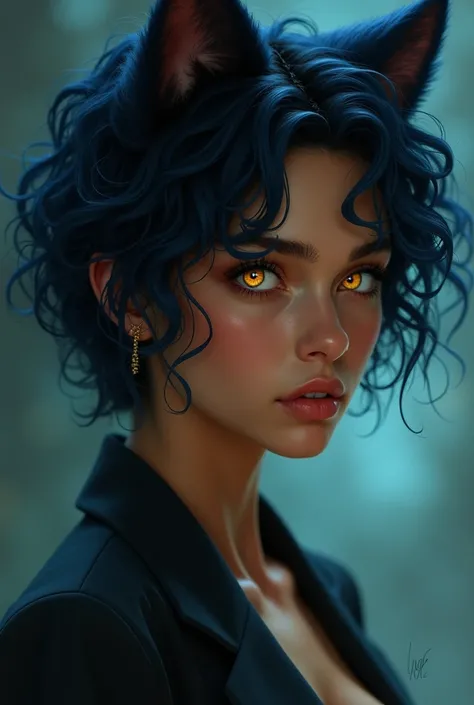 big, slender, caramel skin,  short curly hair , often dyed midnight blue. Golden eyes that become more feline when angry. A beautiful 18 year old woman 