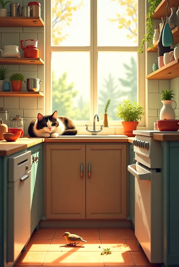 "Wide shot of a cozy, sunlit kitchen with miniature cooking tools and a stolen rosemary sprig on the counter. A calico cat naps in a sunbeam, belly full, while a sparrow pecks at a crumb on the floor. Mysterious human items (oversized knives, a rosemary pl...