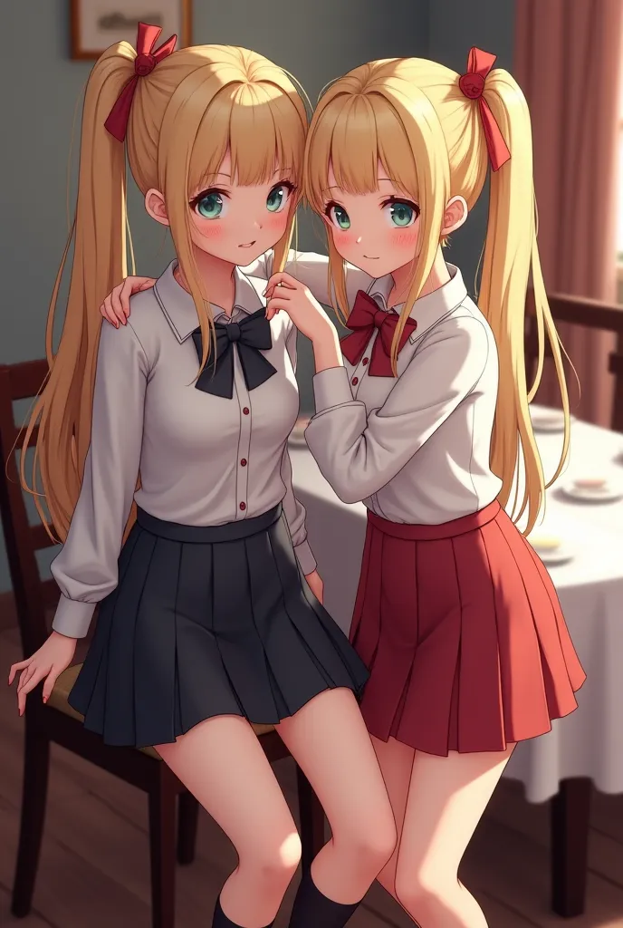 twin girls, 18 years old .  long blonde hair.  the left twin's hair is tied into pigtails and the right's is tied into a ponytail.  blue eyes, pink lips, thin and curvy.  both twins wear schoolgirl uniforms: the left wears a black skirt and the right wears...