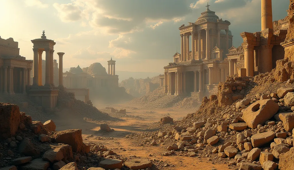 "An ancient city in ruins, reminiscent of great empires that crumbled at the height of their power. The image contrasts the city’s former grandeur with the wreckage, showing how excess and pride lead to inevitable destruction."