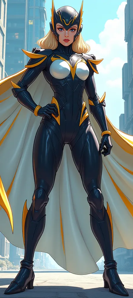 Create a full-body image of a female superhero named Bastion. She is wearing a streamlined, futuristic costume with a flowing cape that seems to be made of energy. Her helmet is stylized and has a dynamic, wavy design. The costume should emphasize both str...