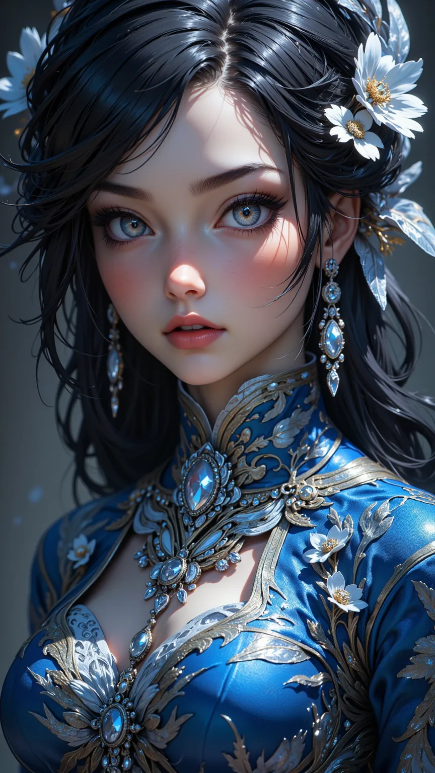 An extraordinary masterpiece，shows off an attractive light in a Saxon blue outfit，wearing a platinum jewelry set，with sparkling details。enhances her realistic and detailed facial features，Sharp pupils and a charming highlighter。