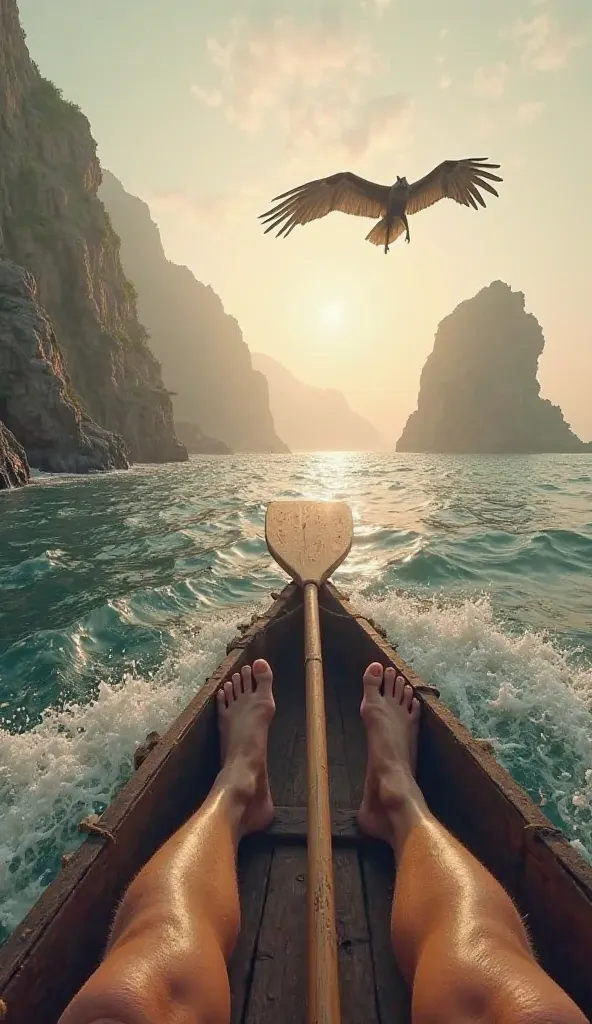 First-person perspective of a prehistoric traveler sitting on a raft, floating along the edge of a vast, misty prehistoric coastline. The traveler’s hands grip the paddle tightly, propelling the raft gently through the waves. Their bare feet rest on the so...