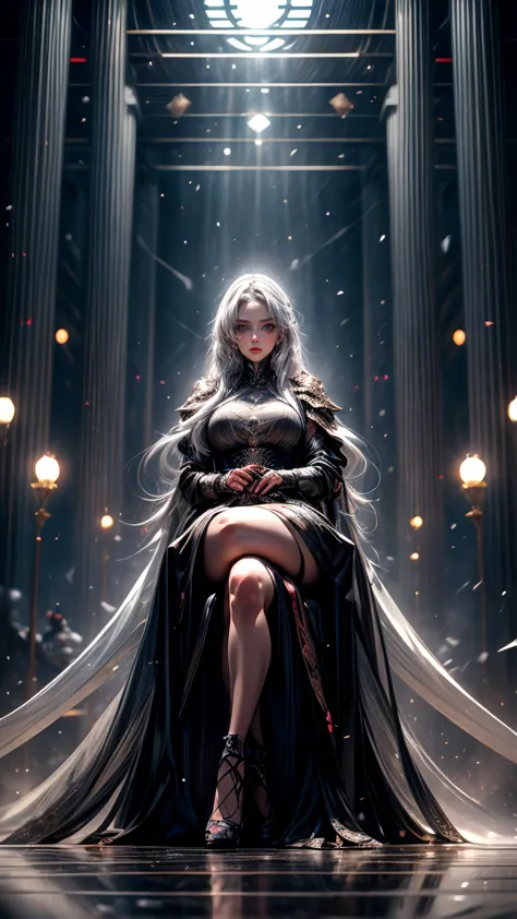 young intricate woman in a frozen expanse, heavy snow fall , beautiful woman, cold expression long silver white hair with short bangs covering, silver hair, sharp white hair, sky blue eyes, wearing a black high tech battle armor, white skinned, standing al...