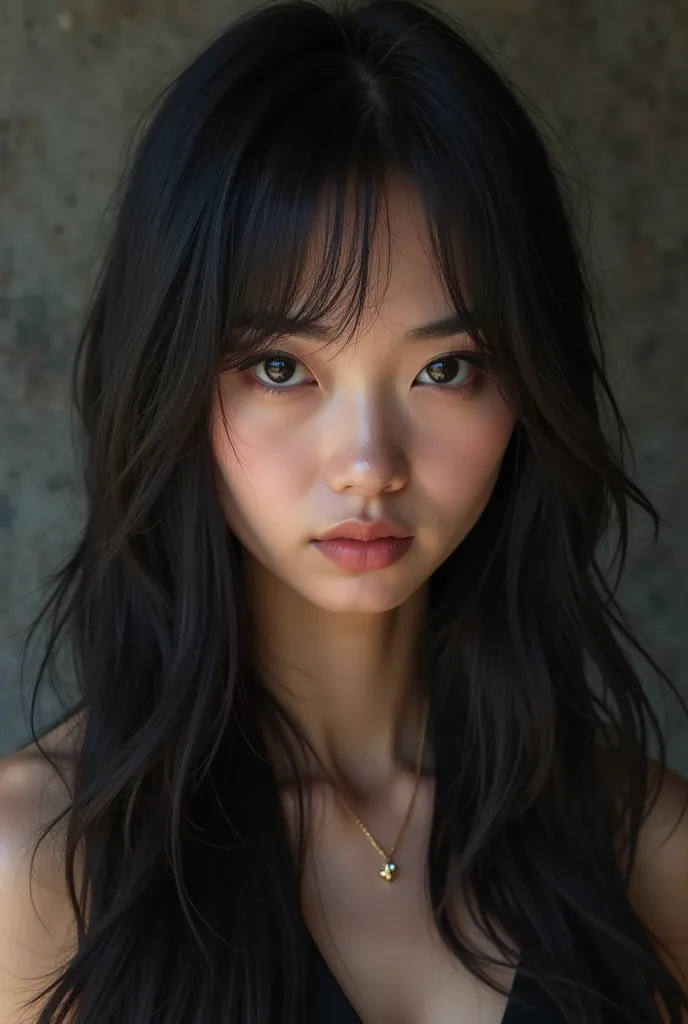 A filipino-japanese woman. Has black eye and long straight black hair. Sharp eyes almost like a fox eyes and fierce face. Small high pointed nose and perfect heart shape lips. 5'8 in height.  A spy vibes.