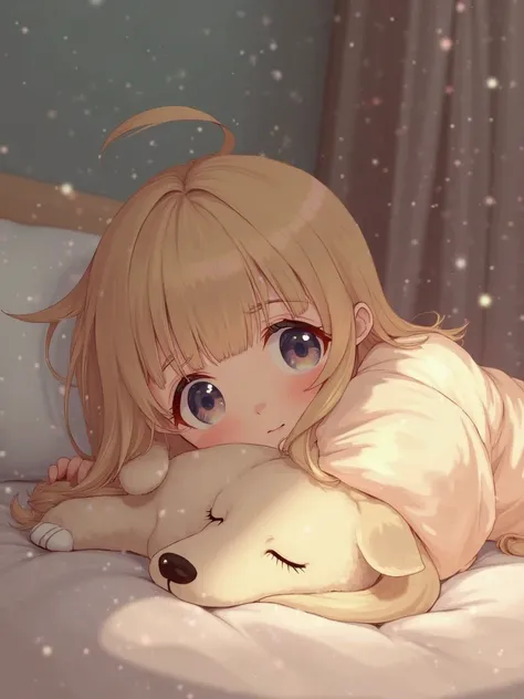 anime the girls eyes looking at the dog the dog is sleeping