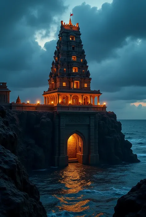 A cinematic opening shot of the Somnath Temple at dusk, with dark clouds rolling in over the sea, creating an ominous yet beautiful scene. The camera slowly zooms in on the temple’s intricate architecture, revealing detailed carvings glowing under flickeri...