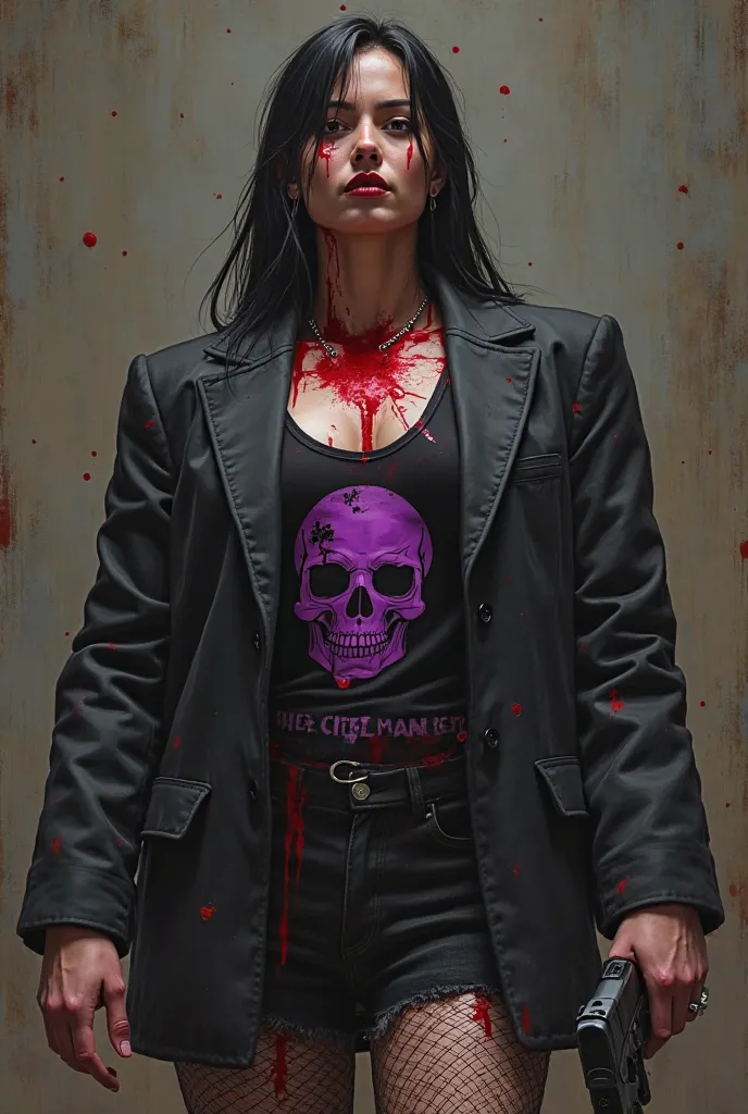 1 businessman standing with a hole in his chest, sacred, blood everywhere, a little away,1 female stand looking at him form the background, 1 female, ager, a black jacket, black hair a black top with a purple skull, black net jeans with a skirt over it, a ...