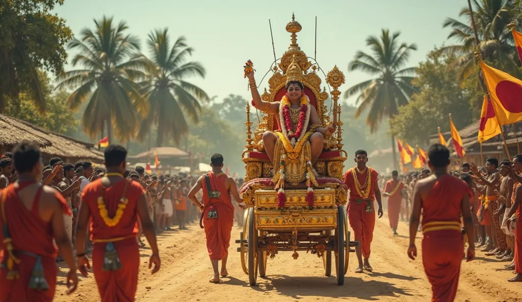 [Main Subject] Lilavati on a palanquin carried by guards, waving to crowds.
[Style] Vibrant realism, 4K, rich color contrast.
[Lighting] Midday sun, harsh highlights.
[Background] Sandy streets of Polonnaruwa, coconut trees, thatched huts.
[Details] Gold p...