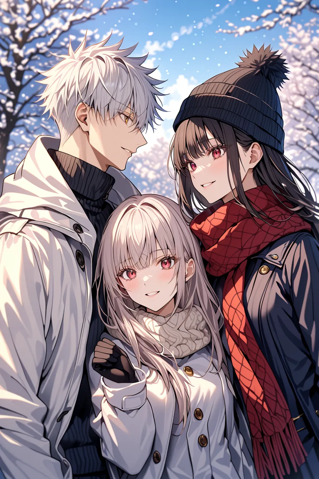 absurdres, highres, ultra detailed, HDR, masterpiece, (SatoruGojo and Monika couple), 2 people, 1 man, handsome, Gojou Satoru, white hair, black blindfolded, Jujutsu Kaisen, with girlfriend, 1girl, monika, long hair, black hair, red eyes, wearing winter ha...