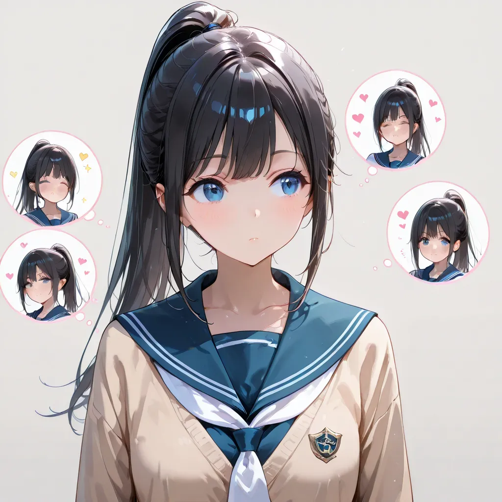 (watercolor:0.4), (pastel:0.6), 1 girl, alone, blue eyes, school uniform, ponytail for beauty, long hair, looking at viewer, sailor suit, upper body, sailor collar, heart, black hair, cardigan, necktie, bangs, black, white necktie, closed mouth, sidelocks,...