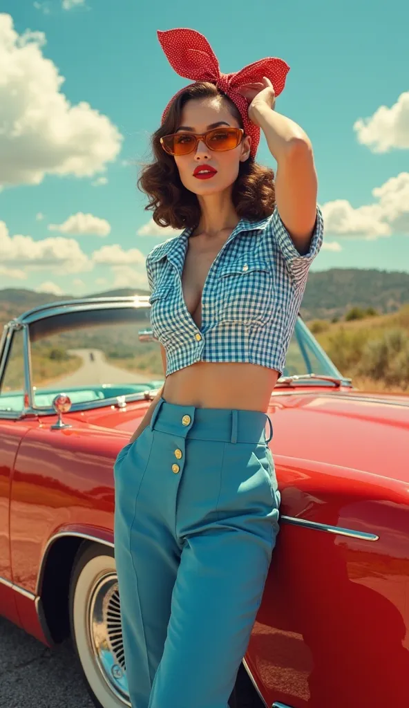 Create a vibrant, retro-inspired scene featuring a stylish woman embodying the classic 1950s pin-up aesthetic. She stands confidently beside a sleek, vintage red convertible car with a chrome grille and whitewall tires, parked on an open road with a scenic...