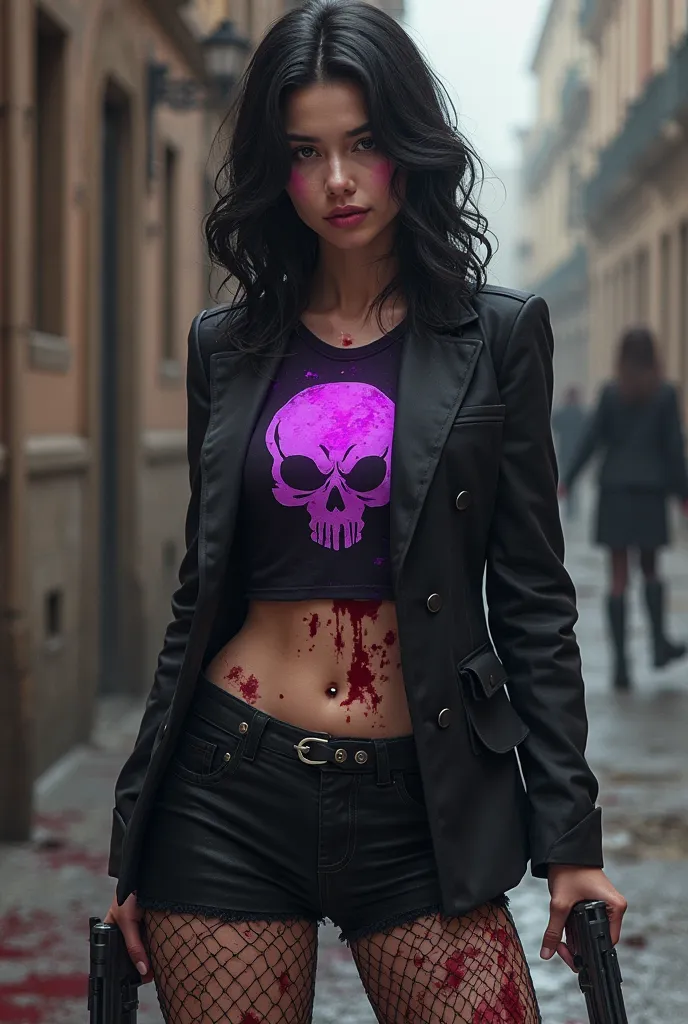 1 businessman standing with a hole in his chest, sacred, blood everywhere, a little away,1 female stand looking at him form the background, 1 female, ager, a black jacket, black hair a black top with a purple skull, black net jeans with a skirt over it, a ...