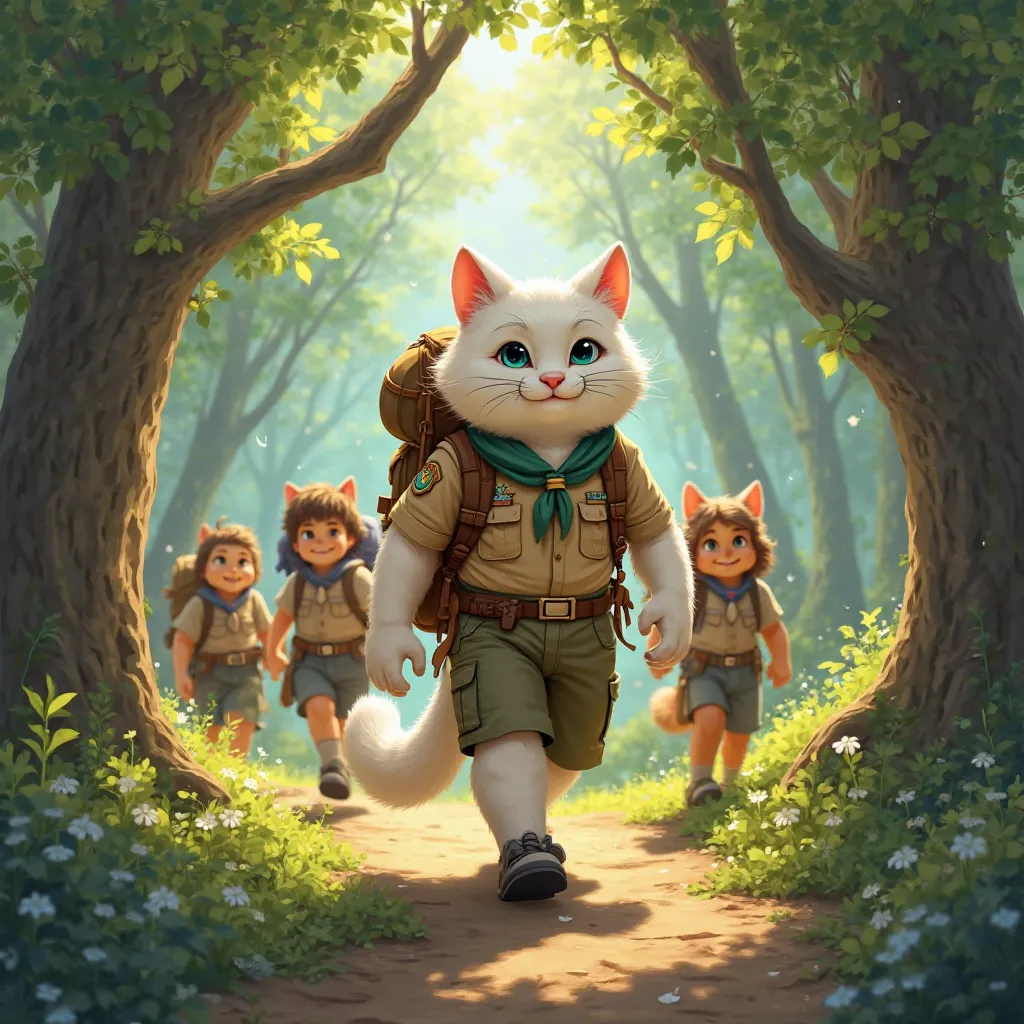 Create image, In a sunlit forest, a large muscular  anthropomorphic white  cat, dressed in a brown scout uniform with a green neckerchief, leads a group of ren through a winding path. The cat, who goes by the name Scout Captain Whiskers, carries a backpack...