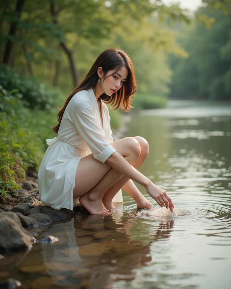 Wide view,Korean girl, 25 years old,is doing laundry by the stream,White thighs,, perfect photos 