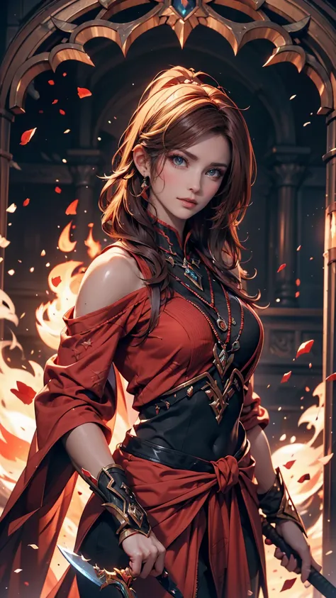  amazing picture of a beautiful white girl,   framing ,  surrounded by flames , dota2 fire girl style, Ghost knife style, Fiery hair, long red hair, watery blue big eyes, thin waist, wide hips, wizard robe, Magical colors,  World of Warcraft Style , by Bli...