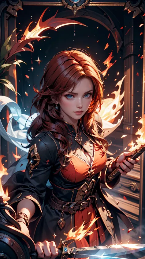  amazing picture of a beautiful white girl,   framing ,  surrounded by flames , dota2 fire girl style, Ghost knife style, Fiery hair, long red hair, watery blue big eyes, thin waist, wide hips, wizard robe, Magical colors,  World of Warcraft Style , by Bli...