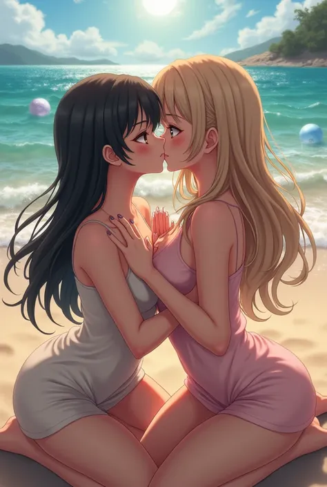 An anime girl at beach kissing other girls