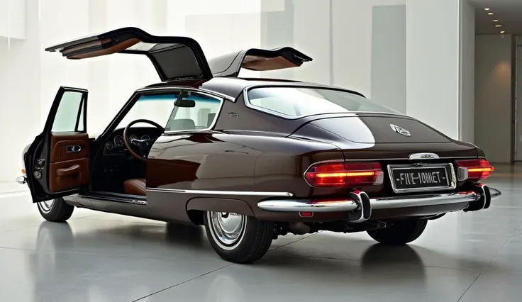 A sleek and vintage car Classic 1970 Citroen SM parked on a smooth driveway with the doors open, showcasing the luxurious interior. The car features sharp, angular LED taillights with a Classic design, a prominent Citroen logo in chrome on the rear, and a ...