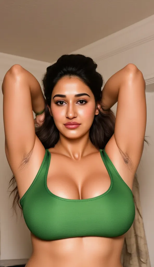 Front view,Generate a photorealistic image of a stunning Indian aunty in her late 30s, Hands stretched up showing dark hairy armpits,wearing a golden transparent saree with a sleeveless green Choli that showcases her smooth, dusky skin. She is a (((voluptu...