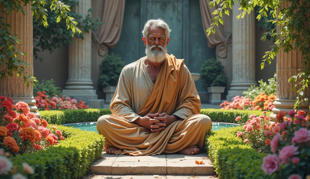  A stoic philosopher sitting in deep meditation amidst a lush, colorful garden with meticulously trimmed hedges, blooming flowers in every color, and an ancient stone fountain in the background. Greek architectural structures, including columns and a crumb...