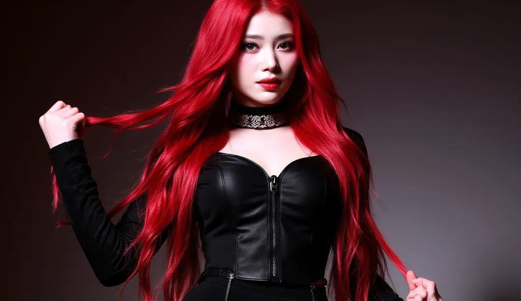 Shiny cherry red long hair , western make up , black outfit , , sexy   , stage , shiny hair , sexy clothes , very stunning , big breast , mommy , madam , ถ่ายแบบ