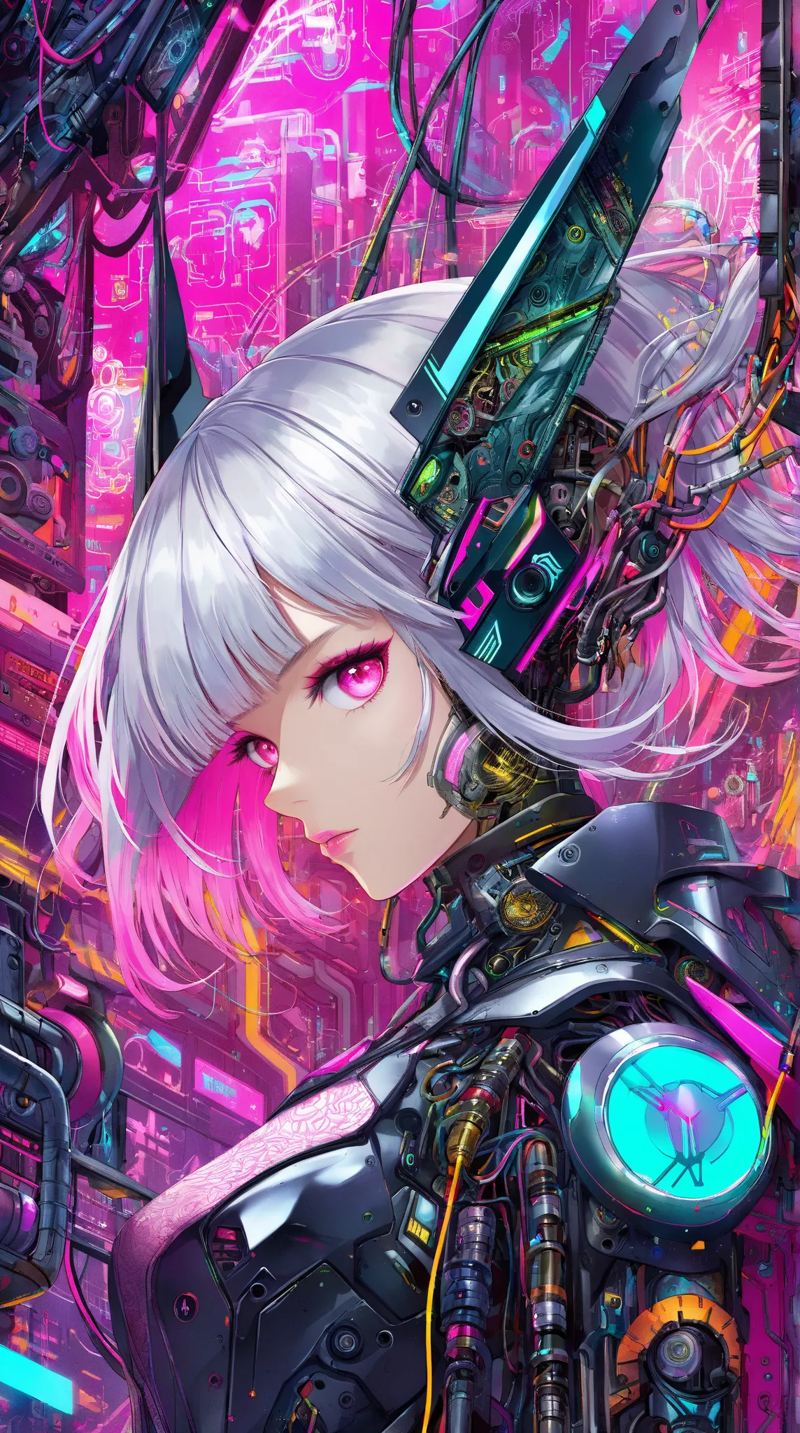 (Extreme close-up, Face-focused portrait)""A futuristic cyberpunk girl with silver hair and pink eyes, surrounded by an intricate collage of mechanical parts, neon colors, and abstract surreal elements. Her outfit is a fusion of high-tech armor and artisti...