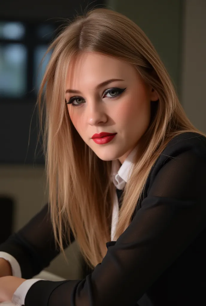 a beautiful girl with long blonde hair, detailed eyes, nose, and lips, wearing  professional outfit, siting in her office, using her computer, hp comuter (best quality,4k,8k,highres,masterpiece:1.2),ultra-detailed,(realistic,photorealistic,photo-realistic:...