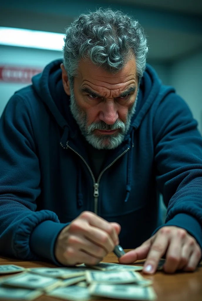 A grumpy american man with a gray curly hair, with a shaved beared on a deep blue hoodie with a zip stealing money from a bank counter and sweating on his face