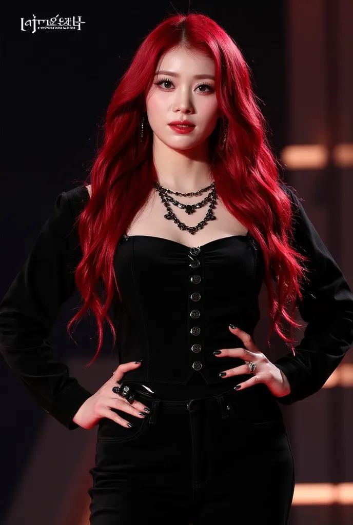 Shiny cherry red long hair , western make up , black outfit , , sexy   , stage , shiny hairs , very stunning , big breast , mommy , madam , ถ่ายแบบ