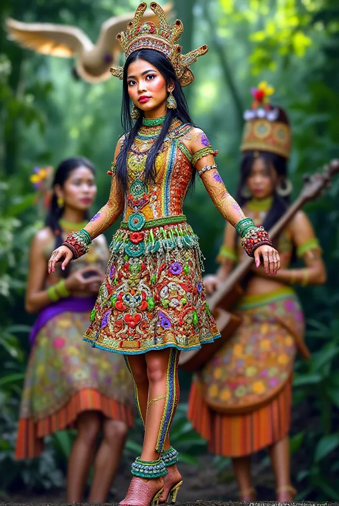 Iban women dayak sarawak play music instrument with forest background and hornbil