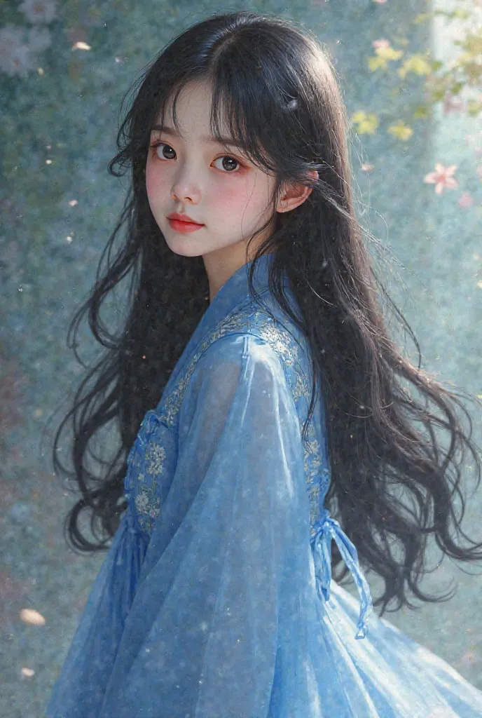 Korean school girl, long hair, wearing a blue dress, age 15