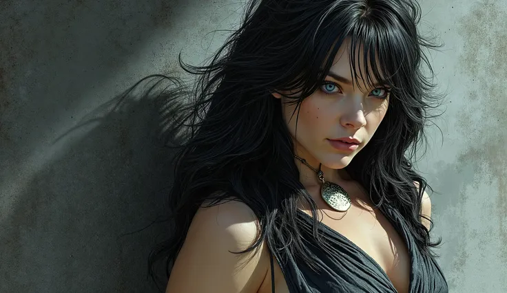 An extremely detailed comic book illustration in an art style inspired by Frank Miller and Conan the Barbarian featuring an extremely curvaceous stunningly beautiful woman portrayed by a young Alexandra Daddario with long distressed black hair pale skin an...