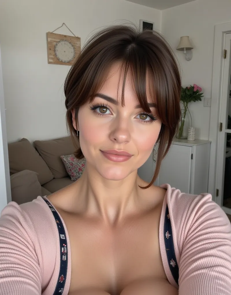 ,femme, 1.70 m, Short hair, brun hair, grosse poitrine, léger surpoids, style de photo véritablement amateur

 Salon cosy, tenue homewear élégante, 