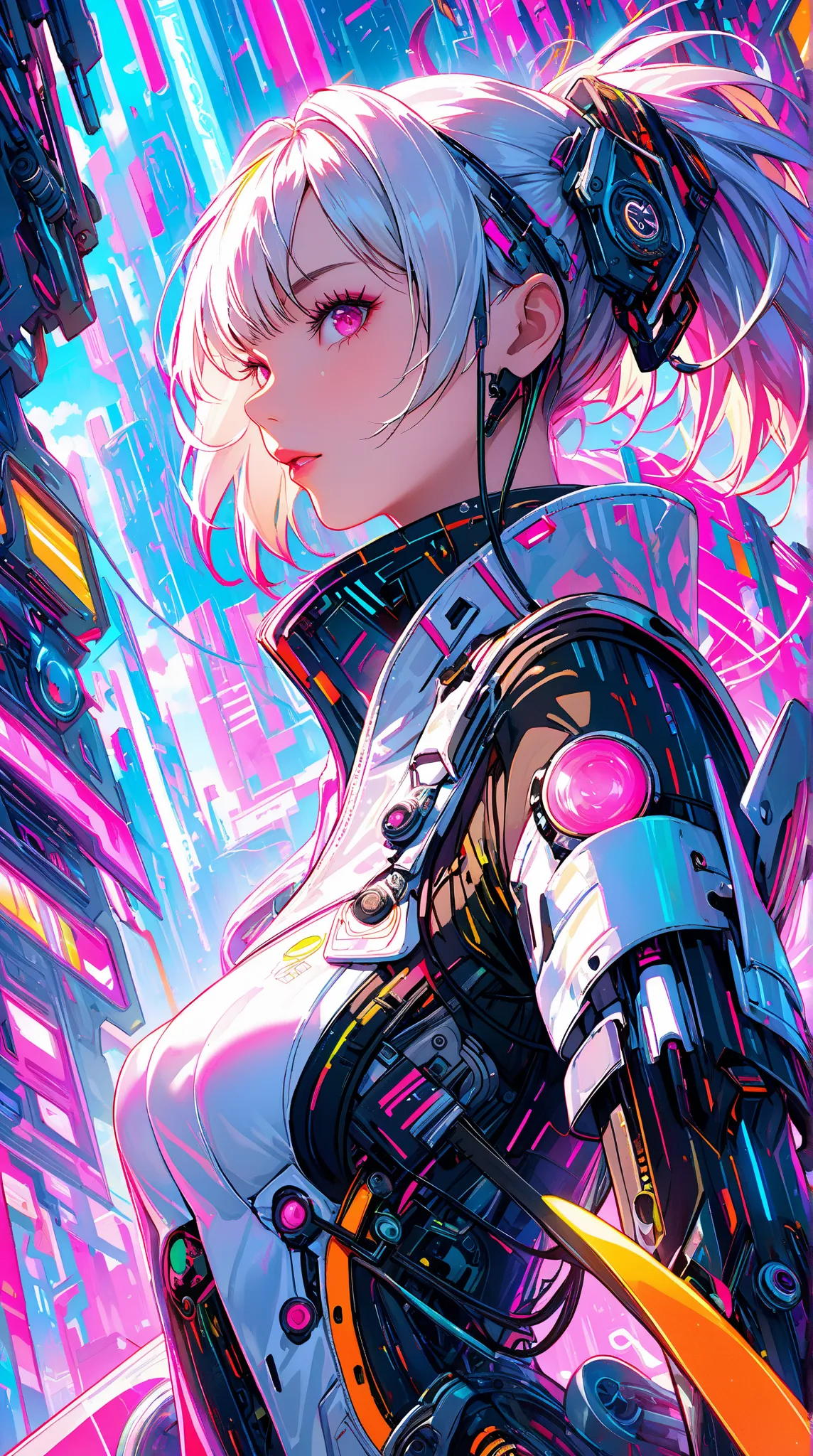 (Extreme close-up, Face-focused portrait)""A futuristic cyberpunk girl with silver hair and pink eyes, surrounded by an intricate collage of mechanical parts, neon colors, and abstract surreal elements. Her outfit is a fusion of high-tech armor and artisti...