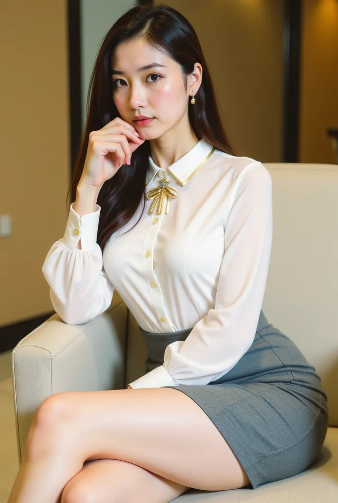 a young woman seated on a light-colored chair in an indoor setting, likely an office or lounge. She has long, dark hair styled neatly, and her expression is poised and confident. She is dressed in a professional yet stylish outfit, consisting of a white bl...