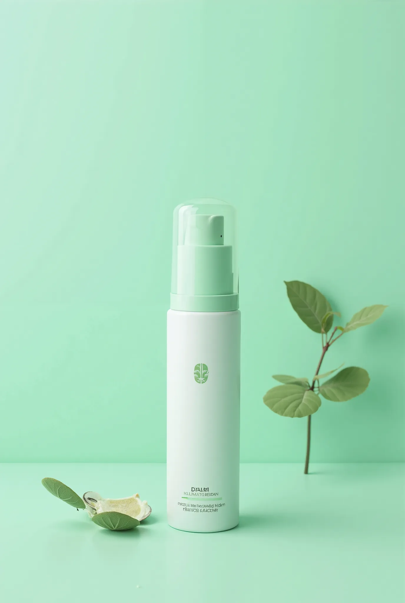 the background to have some creative elements, similar to a product advertisement shoot.ใช่ A modern minimalist poster for a balm in a handheld-sized bottle. The design features a soothing mint green color palette, conveying a clean and refreshing feel. Th...