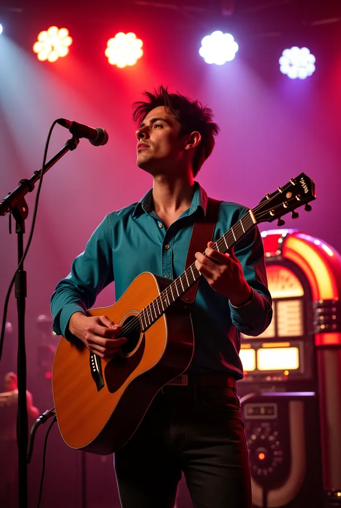 a man standing on stage playing acoustic guitar roxie vizcarra, disco, live - action, wearing shirts, character portrait, jukebox, hanging out with orbs, kawasaki, gameshow, haggard, bar, collar on neck, sussy baka, shirt