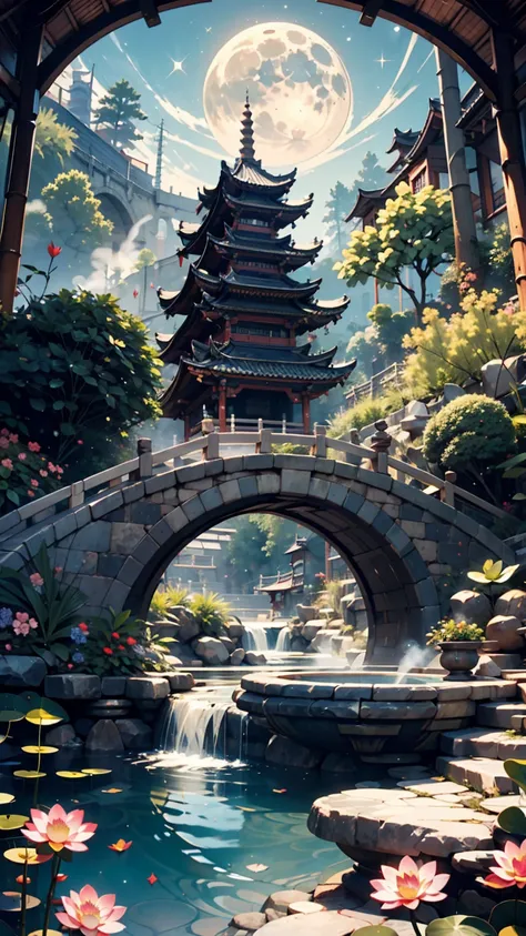 (beautiful ancient Chinese architecture, Moonlight Sparkle, Lake at night, The shade of the bamboo forest, Stone bridge arch,  Gobbling Water, Stone pavement in rock garden, Blooming lotus, Hot spring steam, Auspicious moonlight illustration: 1.0), A magni...